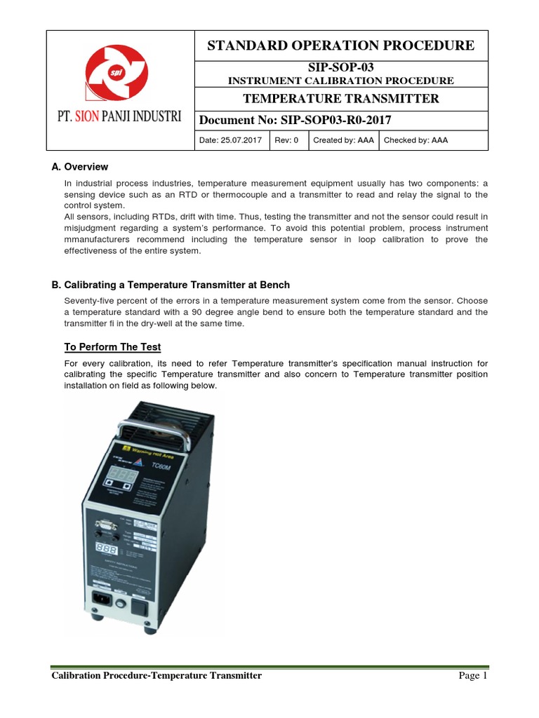 Temperature Transmitter Calibration SOP | PDF | Calibration | Sensor