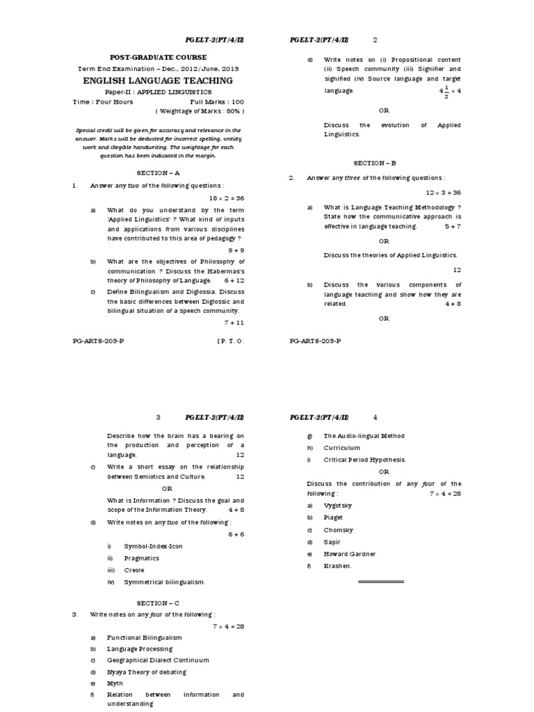 Analysis of a PostGraduate English Language Teaching Examination Paper on Applied Linguistics