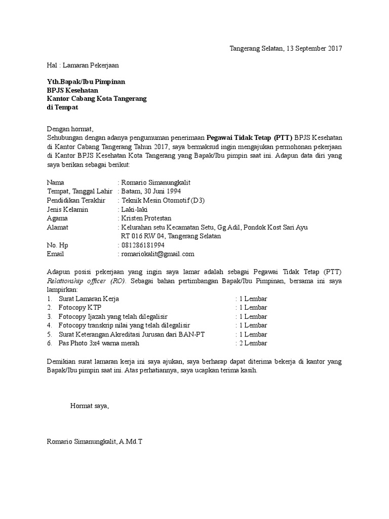 Contoh Surat Lamaran Kerja Di Pt Nikomas