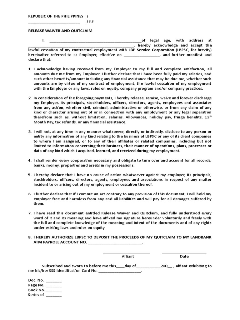 Waiver Quitclaim Employee Benefits Employment