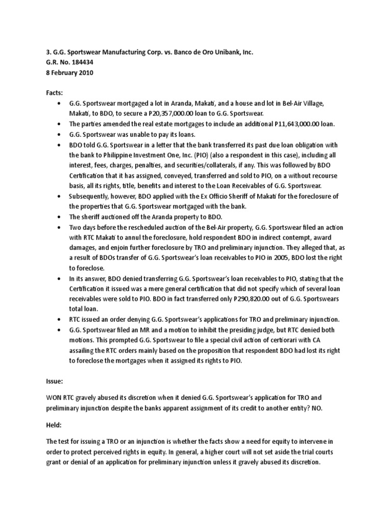 G.G. Sportswear Manufacturing Corp. vs. Banco de Oro Unibank Inc