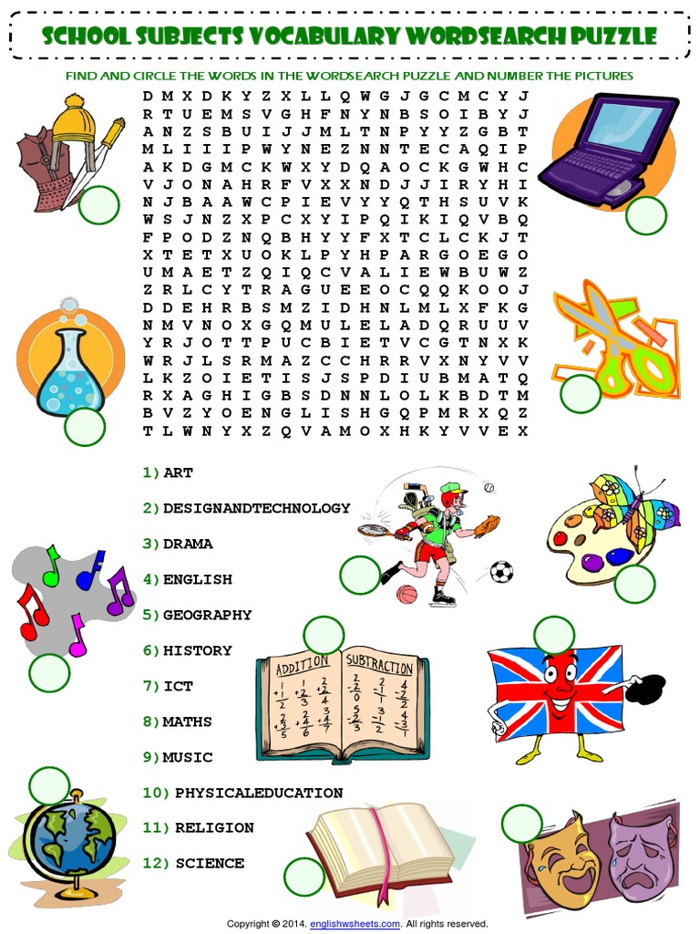 School Subjects Esl Vocabulary Wordsearch Puzzle Worksheet pdf Word Search Word Puzzles
