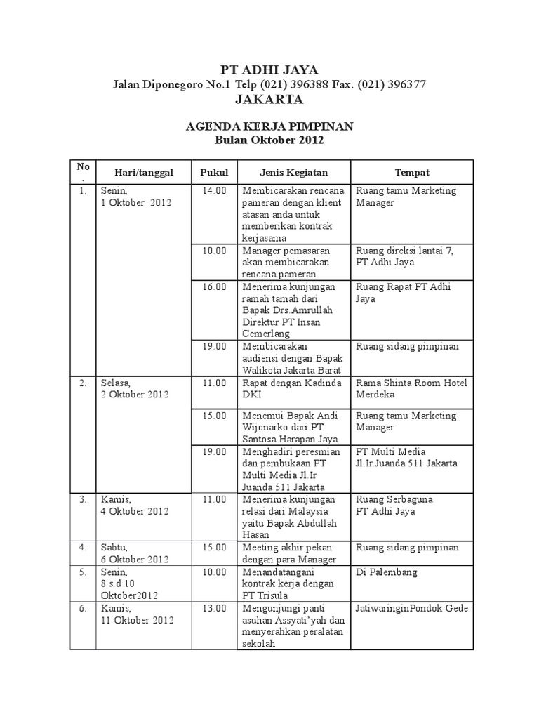 Contoh agenda kerja pimpinan