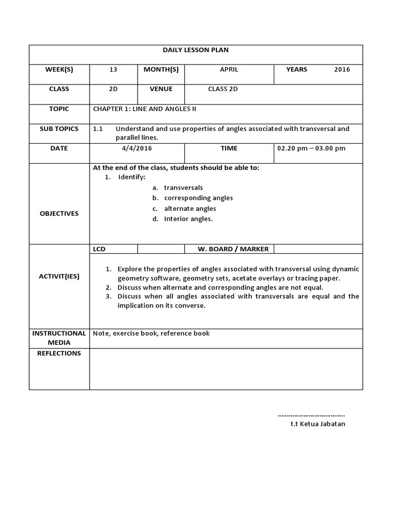 Topic 1 Line and Angle II (Form 3) | PDF | Angle | Lesson Plan