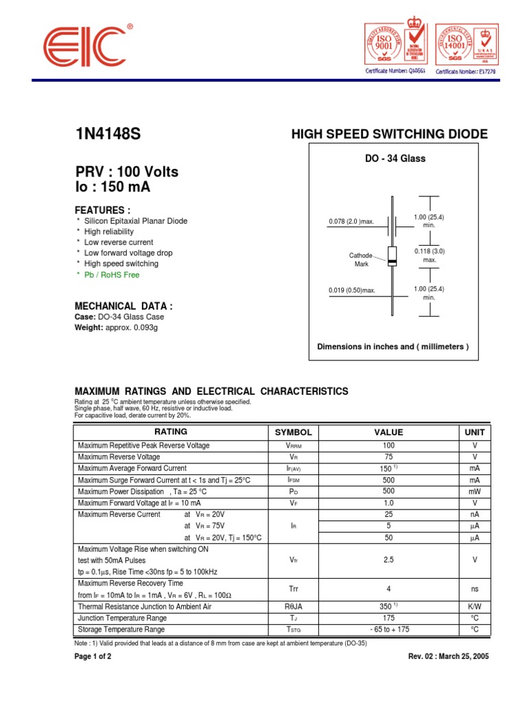 1N4148S High-Speed Switching Diode | PDF | Diode | Components