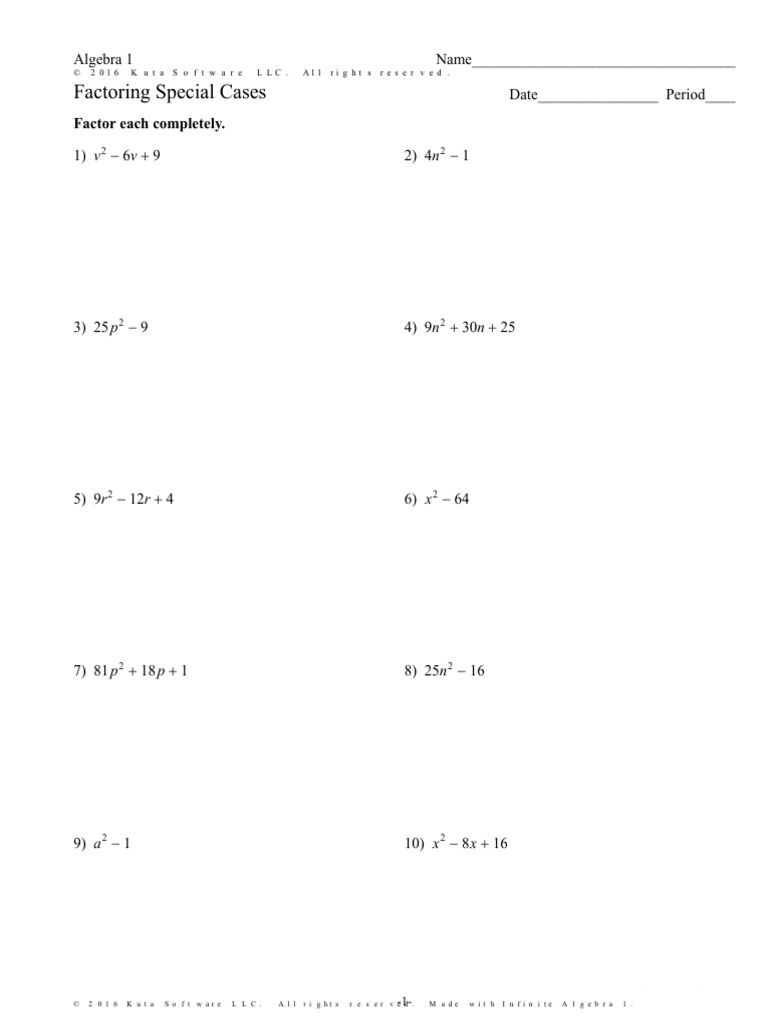 Factoring Special Cases 24  PDF In Algebra 2 Factoring Worksheet