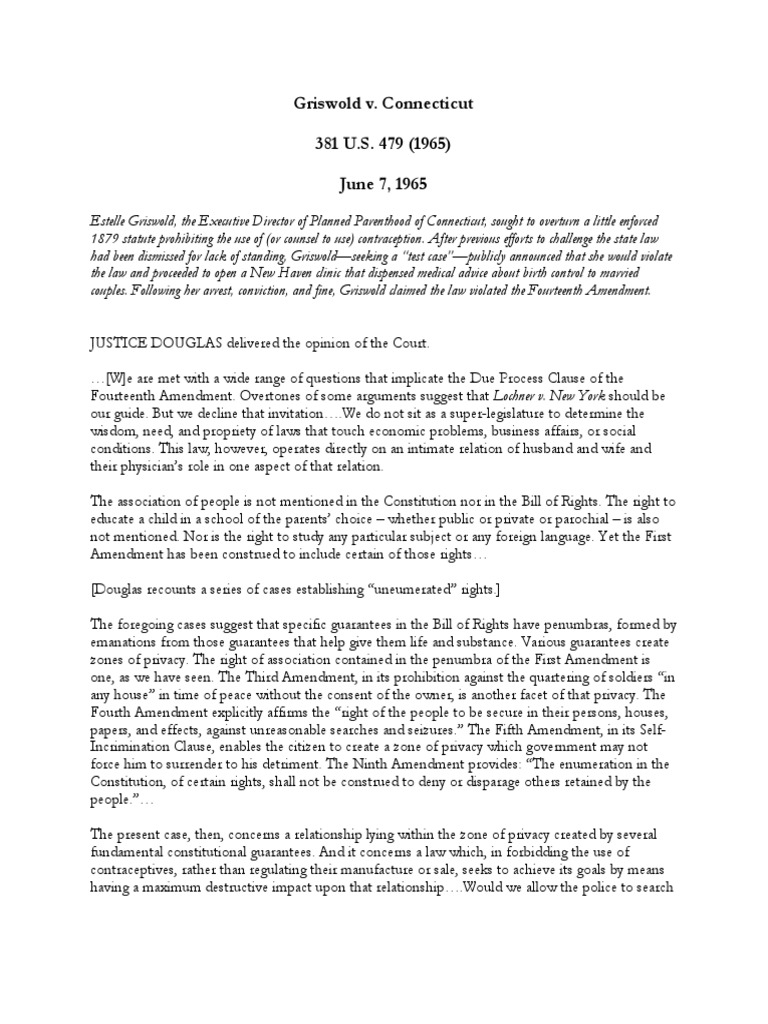 Griswold v. Connecticut 1965 Sample Class Handout PDF Griswold V