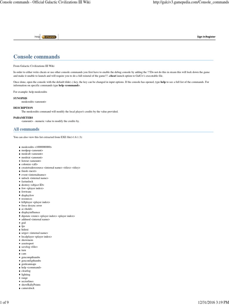 Console Commands - Official Galactic Civilizations III Wiki | PDF ...