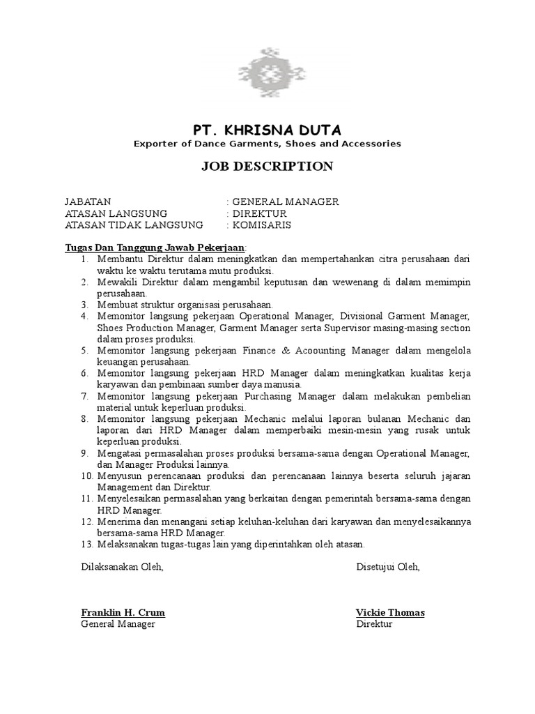 Job Description General Manager Pt