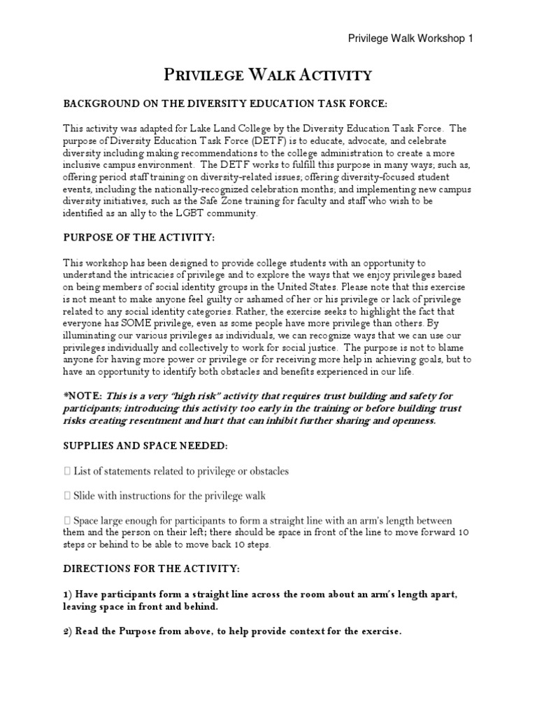 Classroom Activity Privilege Walk Identity (Social Science) Gender