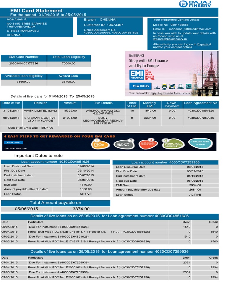 EMI Card Statement: Availed Loan | PDF | Loans | Debit Card