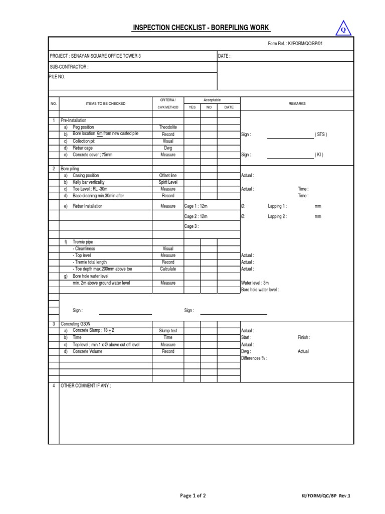 Inspection Checklist - Borepiling Work: YES NO Date NO. Items To Be ...