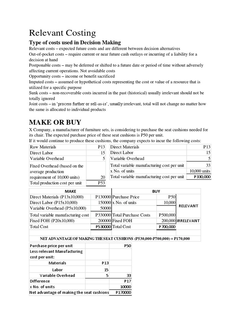Relevant Costs in Make-or-Buy Decisions | PDF | Cost | Labour Economics