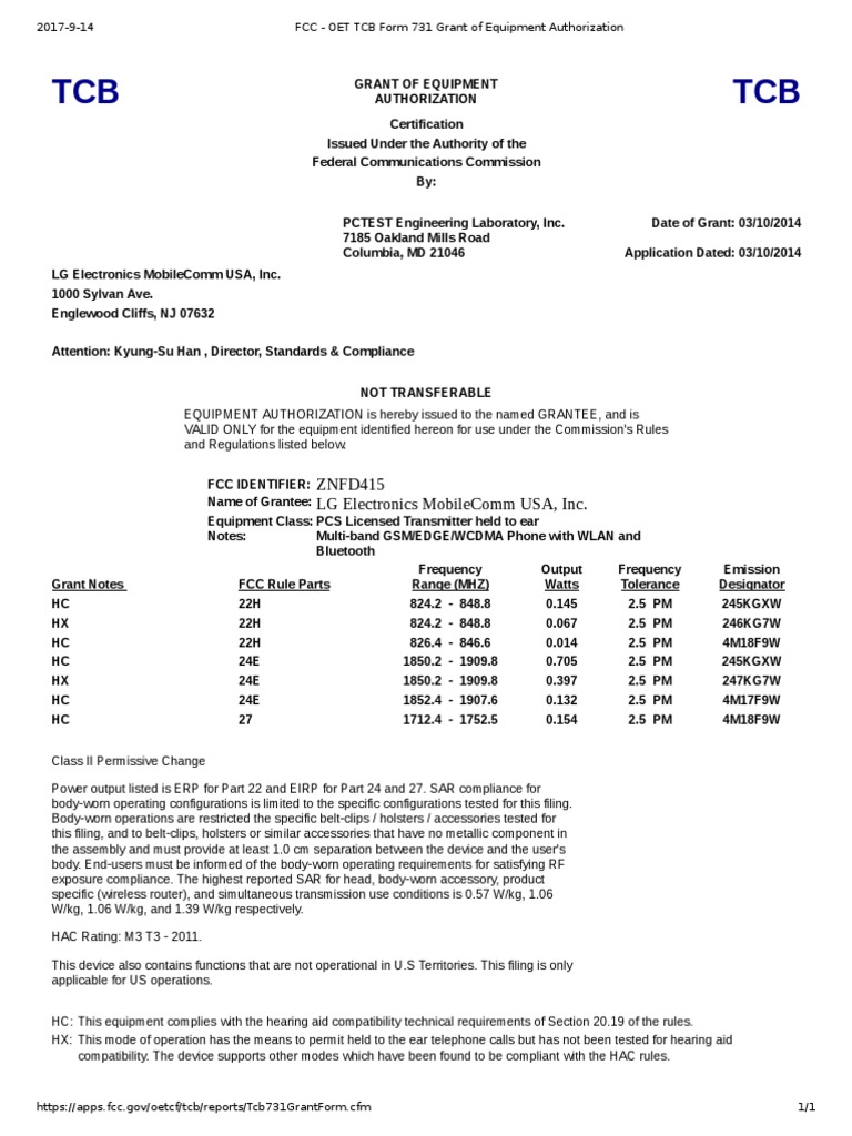 1 FCC OET TCB Form 731 Grant of Equipment Authorization PDF Federal Communications