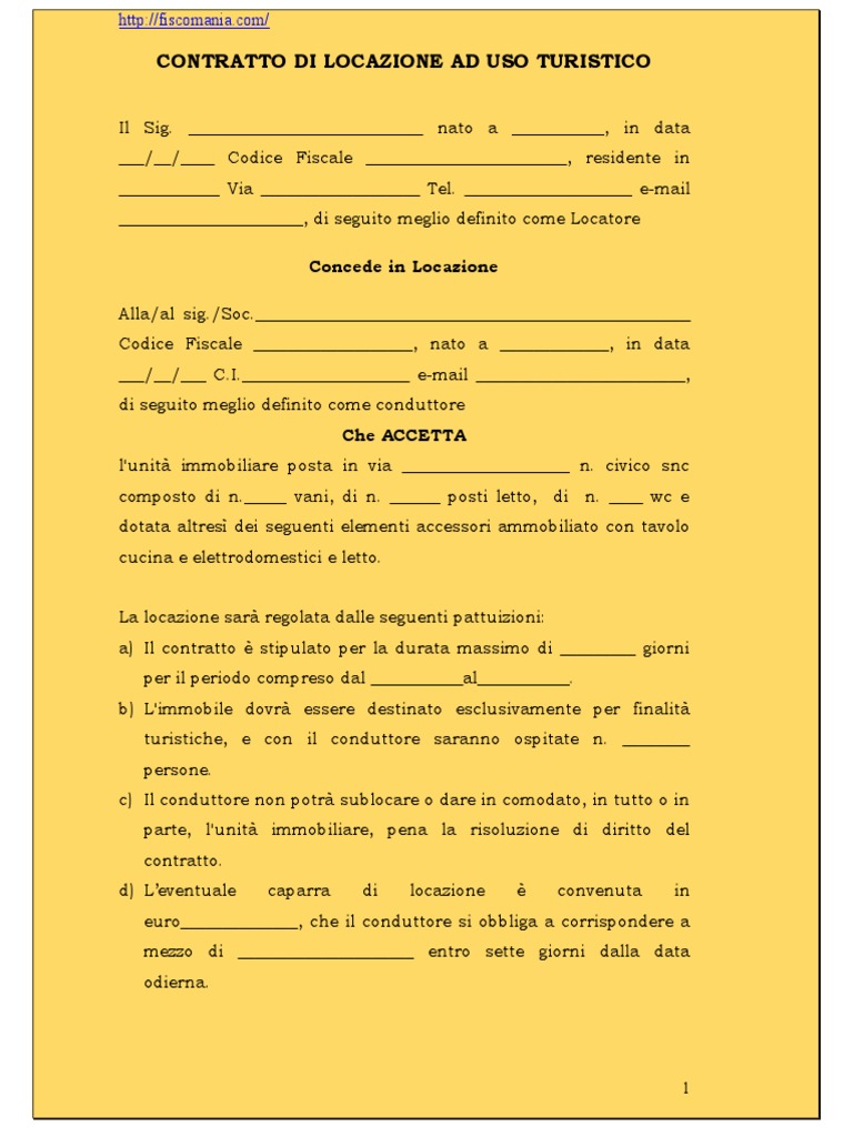 Contratto Locazione Uso Turistico