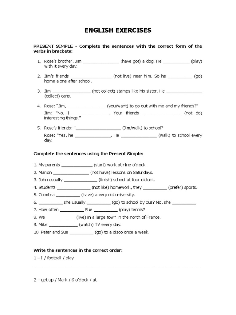 English Exercises PRESENT SIMPLE Complete The Sentences With The