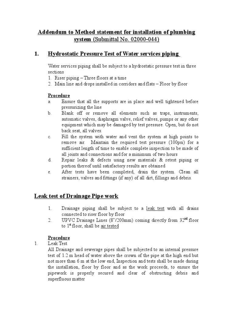 Addendum To Method Statement For Installation of Plumbing System 1 ...