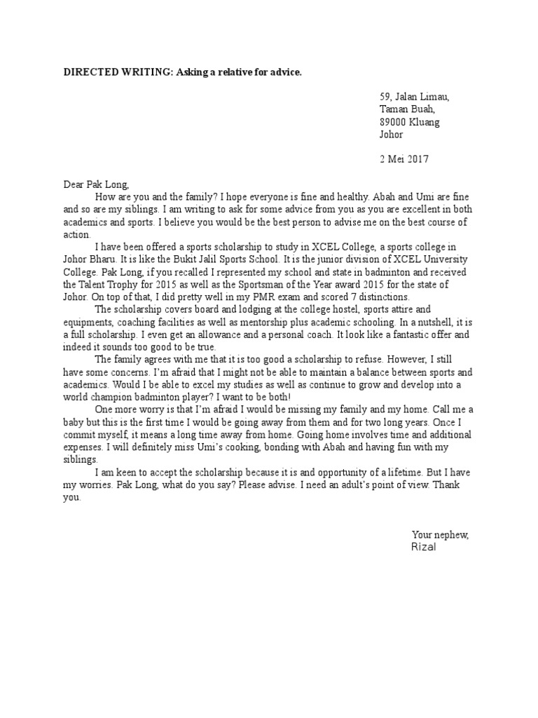 Directed Writing Sample - Informal Letter