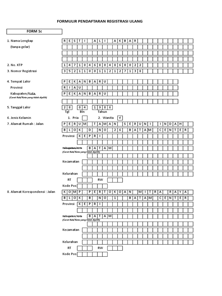 Formulir Registrasi Ulang 1C | PDF