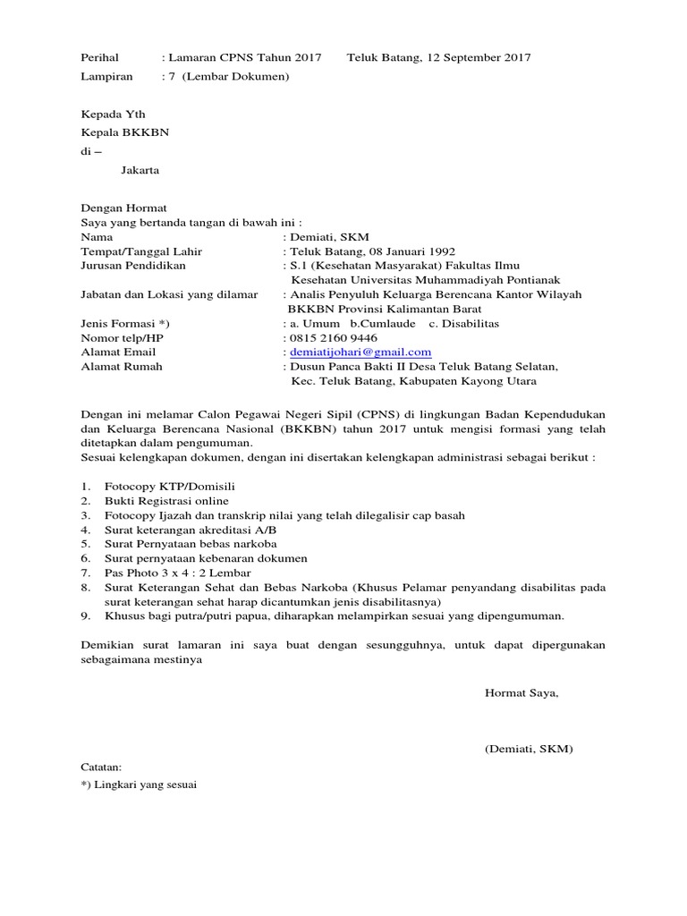 Contoh Surat Lamaran Cpns Bkkbn Contoh Contoh Surat Lengkap 2020