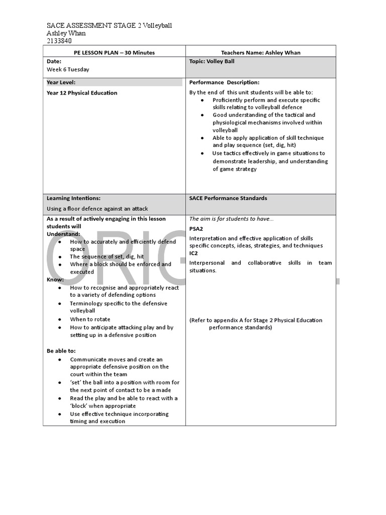 sace pe lesson plan ashleywhan Volleyball Critical Thinking