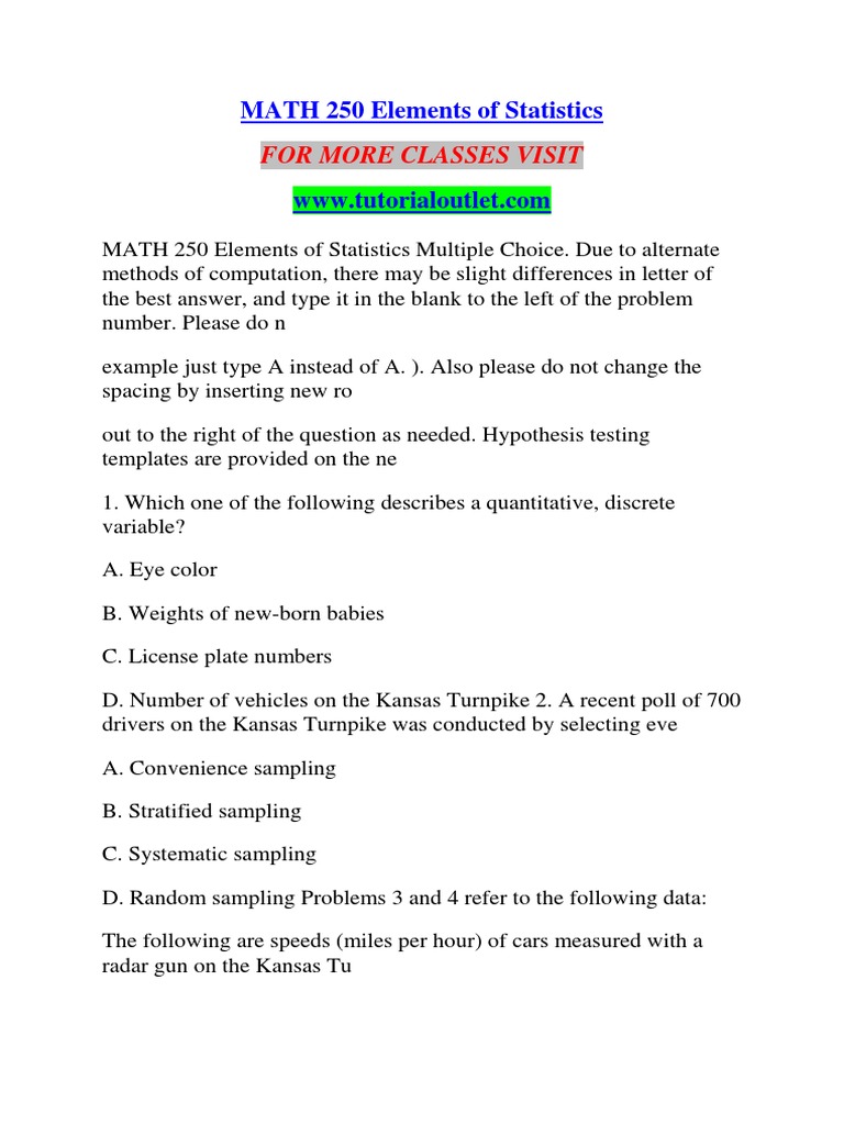 MATH 250 Statistics Multiple Choice Guide | PDF | Statistics | Sampling ...