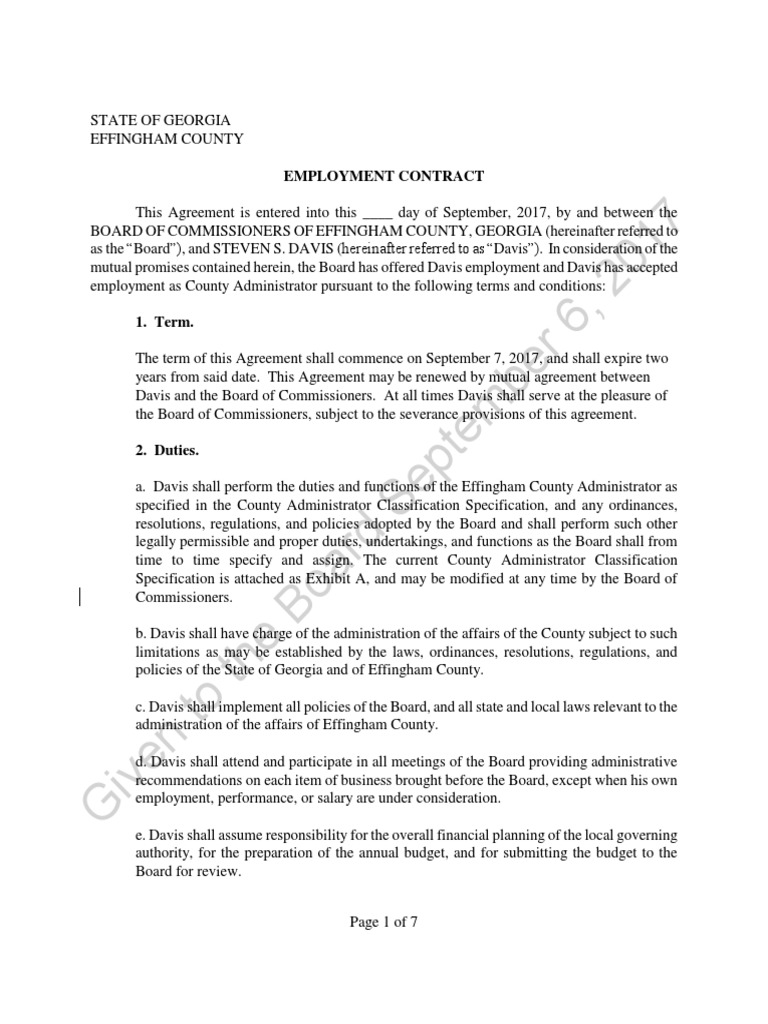 Effingham County Administrator Contract | PDF | Employment | Insurance