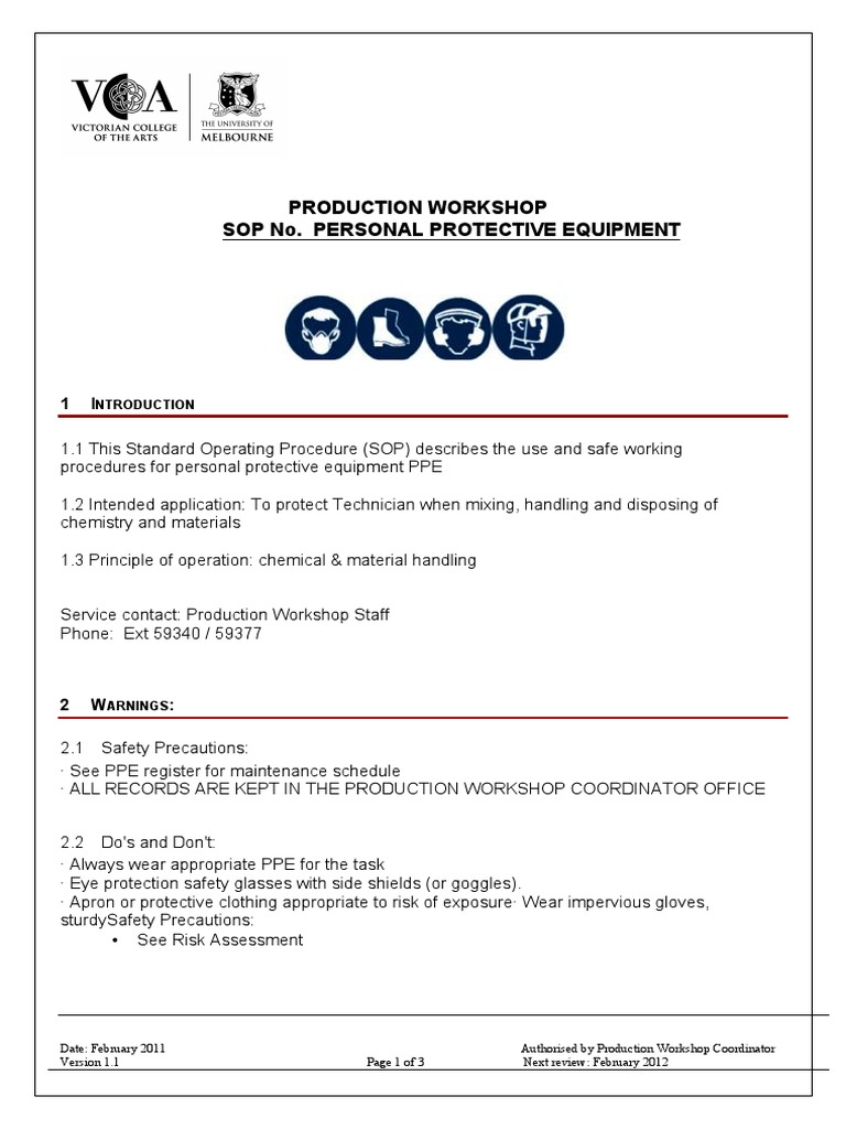 Sop Workshop Ppe Personal Protective Equipment Safety