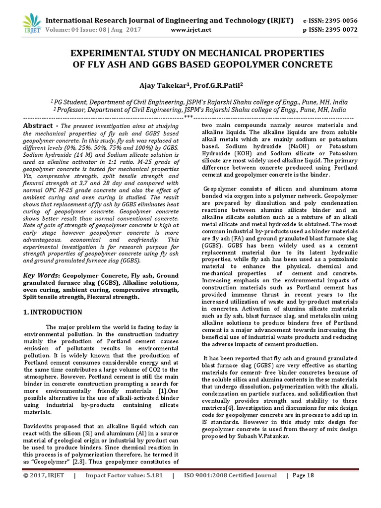 Experimental Study On Mechanical Properties of Fly Ash and GGBS Based ...