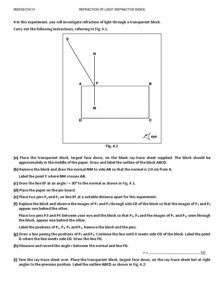 Experiment Refraction of Light (Refractive Index) Refraction Optics