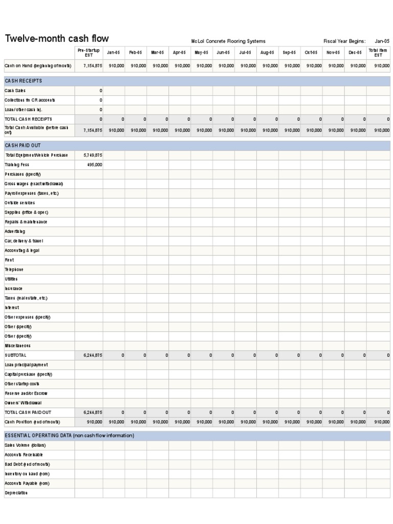 TwelveMonth Cash Flow Mclol Concrete Flooring Systems Fiscal Year