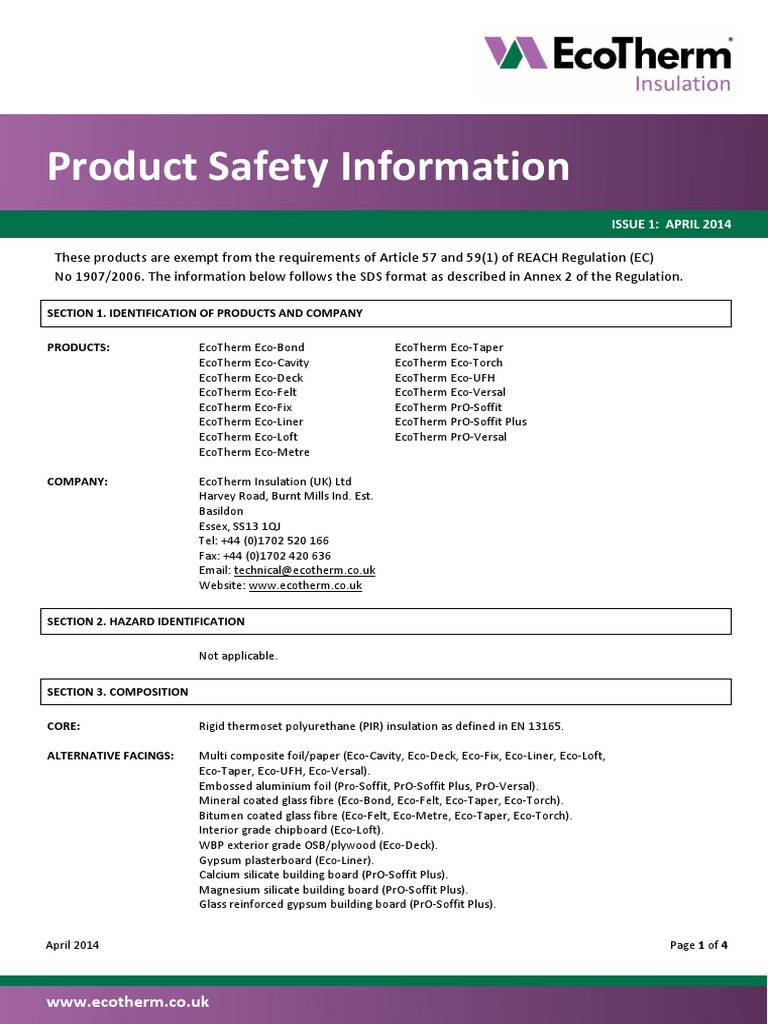 EcoTherm MSDS Sheet April 2014 Fiberglass Materials