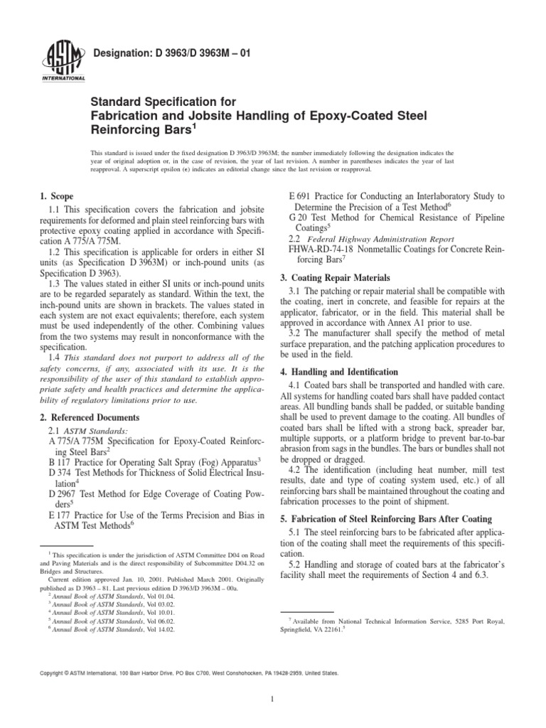 ASTM D3963 & D3963M01_Epoxy Coated Steel Reinforcing Bars Concrete Specification (Technical