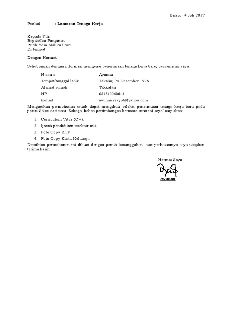 Surat Lamaran Unna Butik