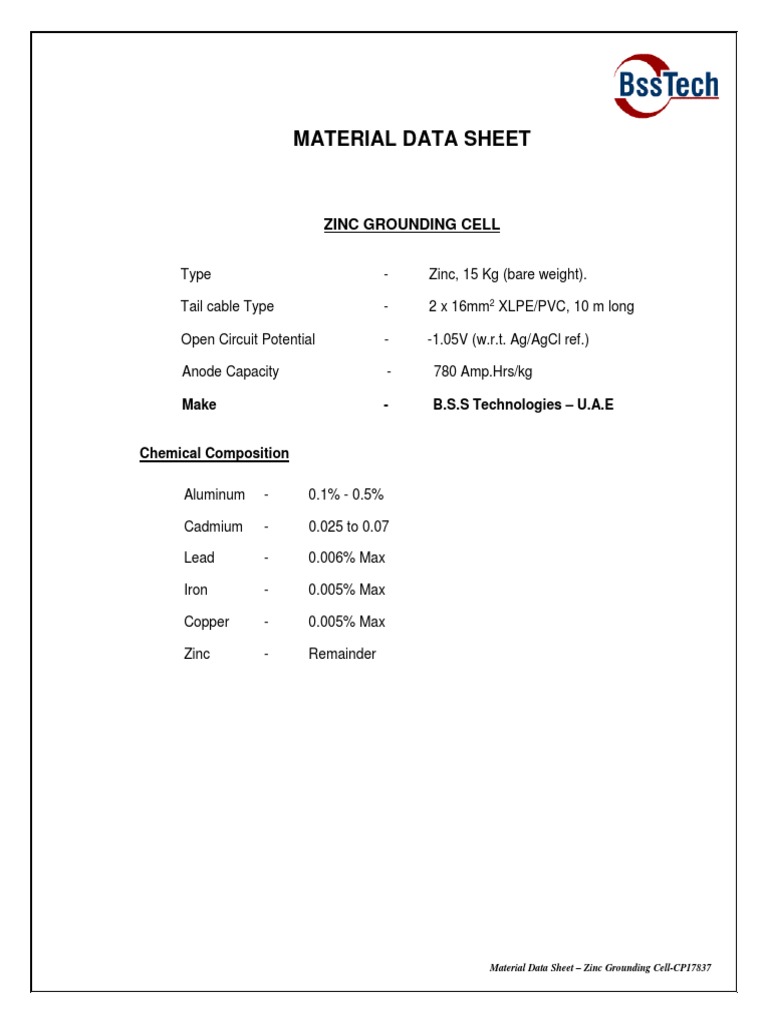 Zinc Grounding Cell - MDS PDF | PDF | Atoms | Sets Of Chemical Elements