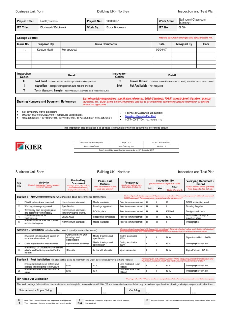 Brickwork Inspection and Test Plan | PDF | Specification (Technical ...