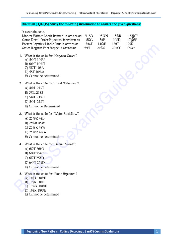 Reasoning New Pattern Coding Decoding - 50 Important Questions ...