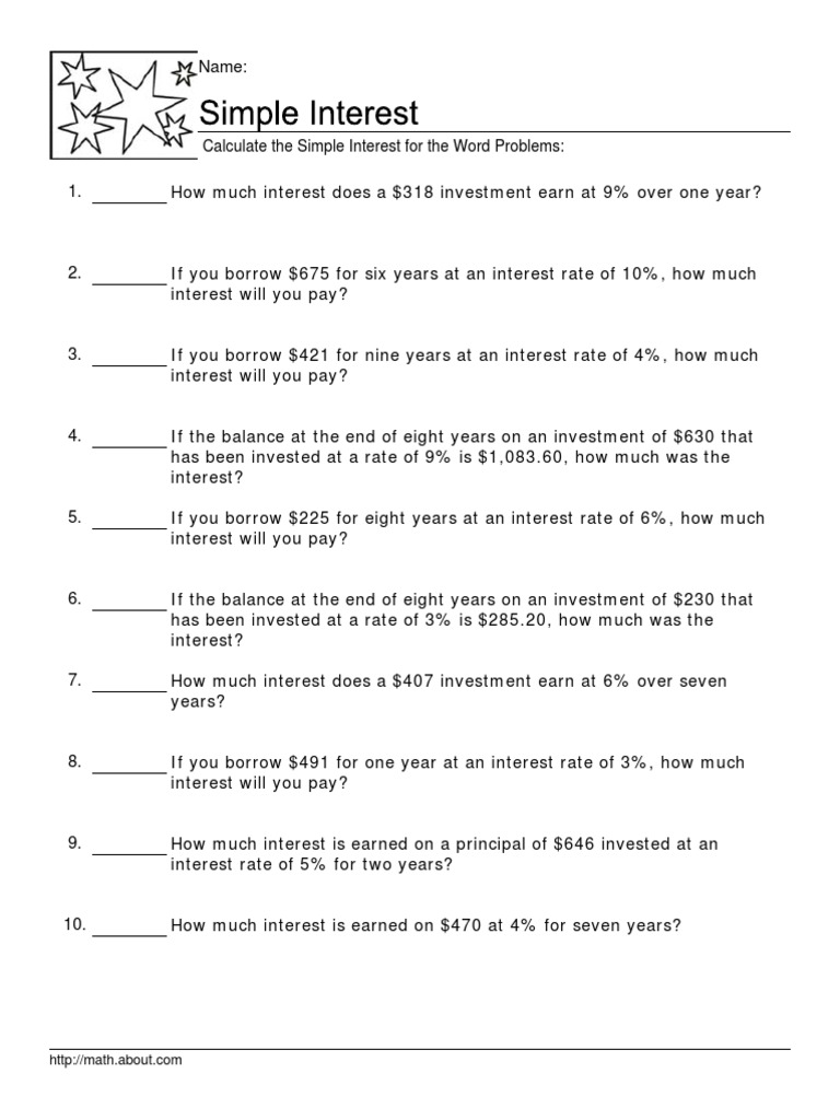 Simple Interest Worksheet 1 Interest Interest Rates