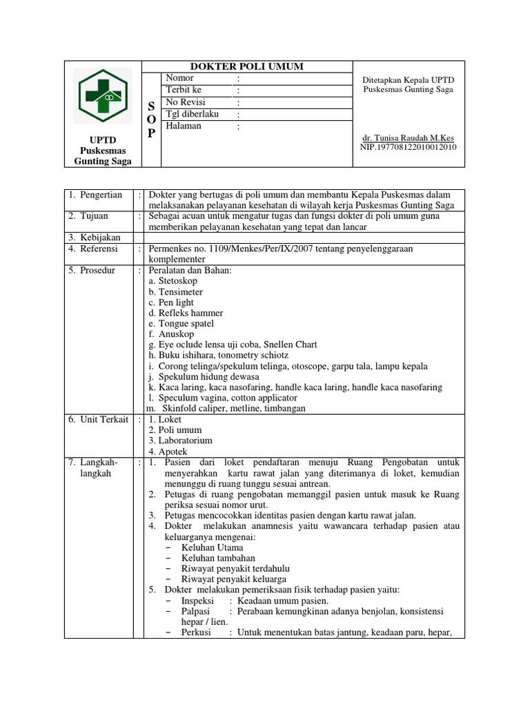 Sop Dokter Umum Puskesmas