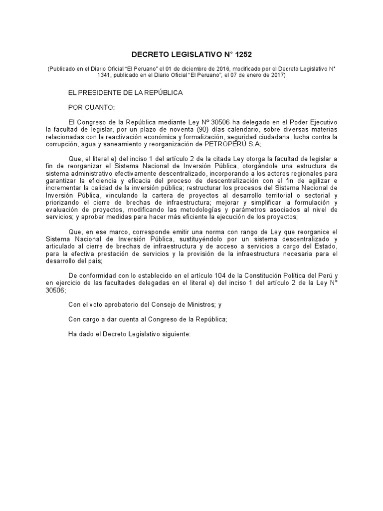 Decreto Legislativo N° 1252: Inversión Pública | PDF | Regulación ...