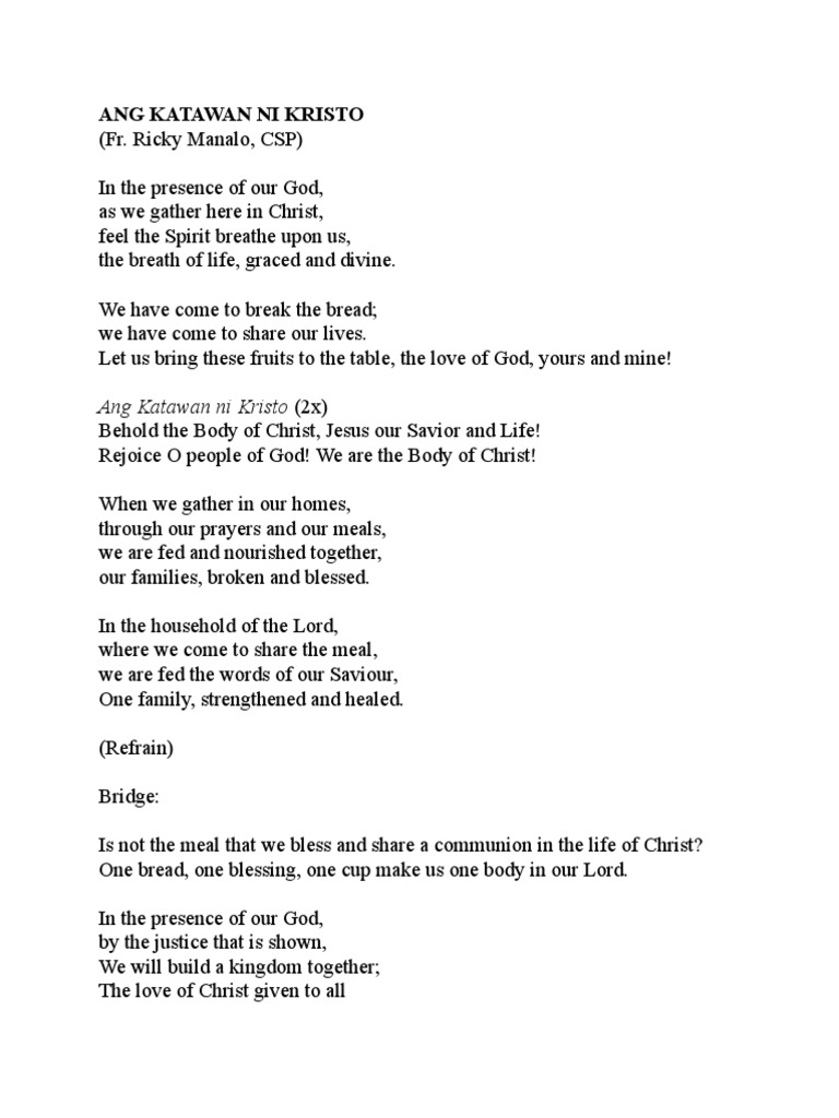 Lyrics Ang Katawan Ni Kristo Behold The Body Of Christ Systematic Theology Eucharist Lyrics Ang Katawan Ni Kristo Behold The Body Of Christ Systematic Theology Eucharist