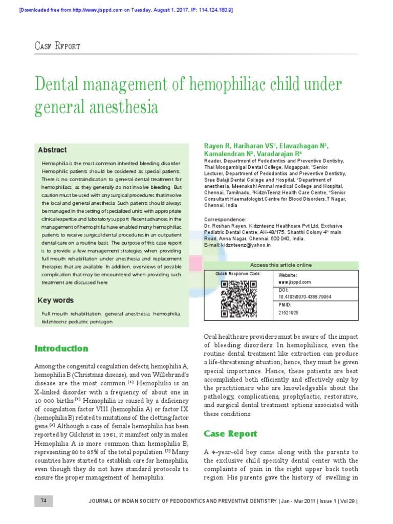 Dental Management of Hemophiliac Child Haemophilia Bleeding