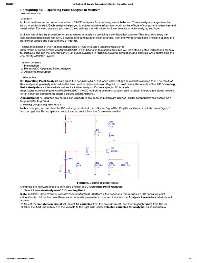 Configuring A DC Operating Point Analysis in Multisim - National ...