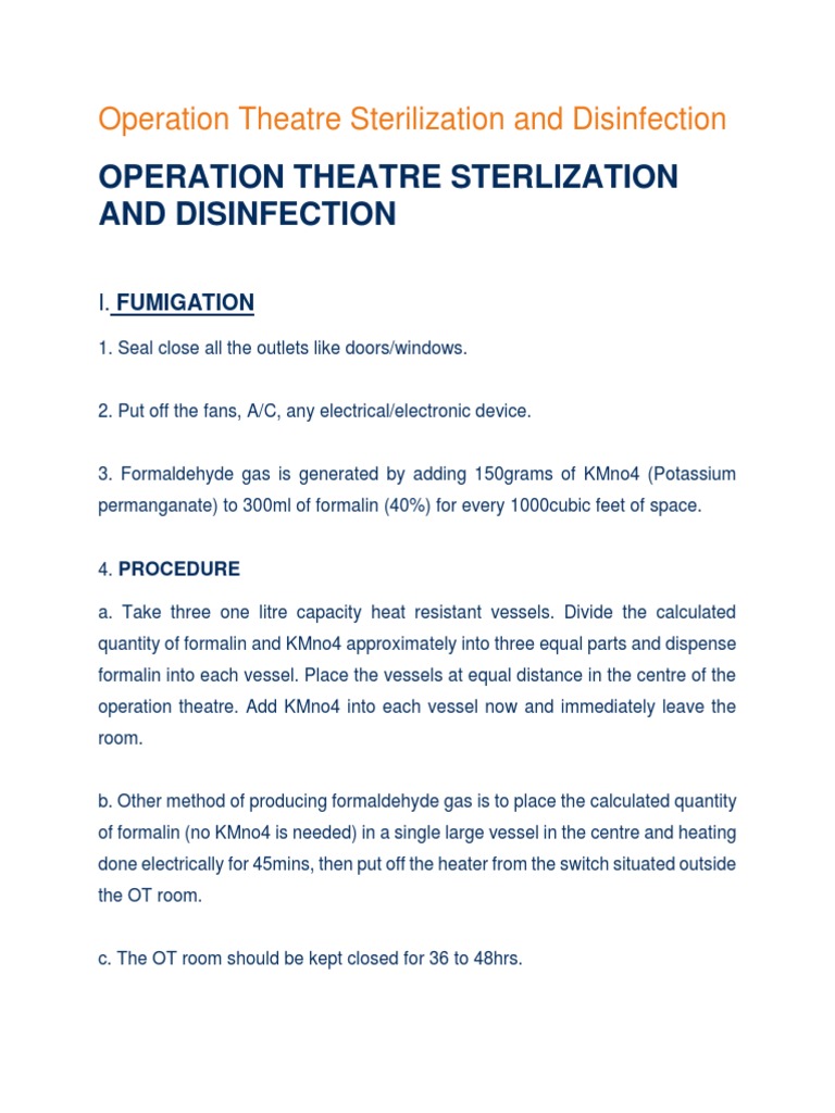 Operation Theatre Sterilization Guide | PDF | Disinfectant | Formaldehyde