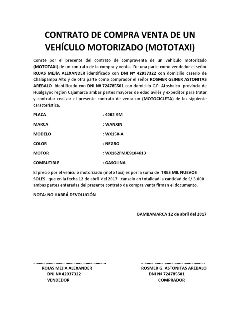 Contrato De Compra Venta De Un Vehículo Motorizado