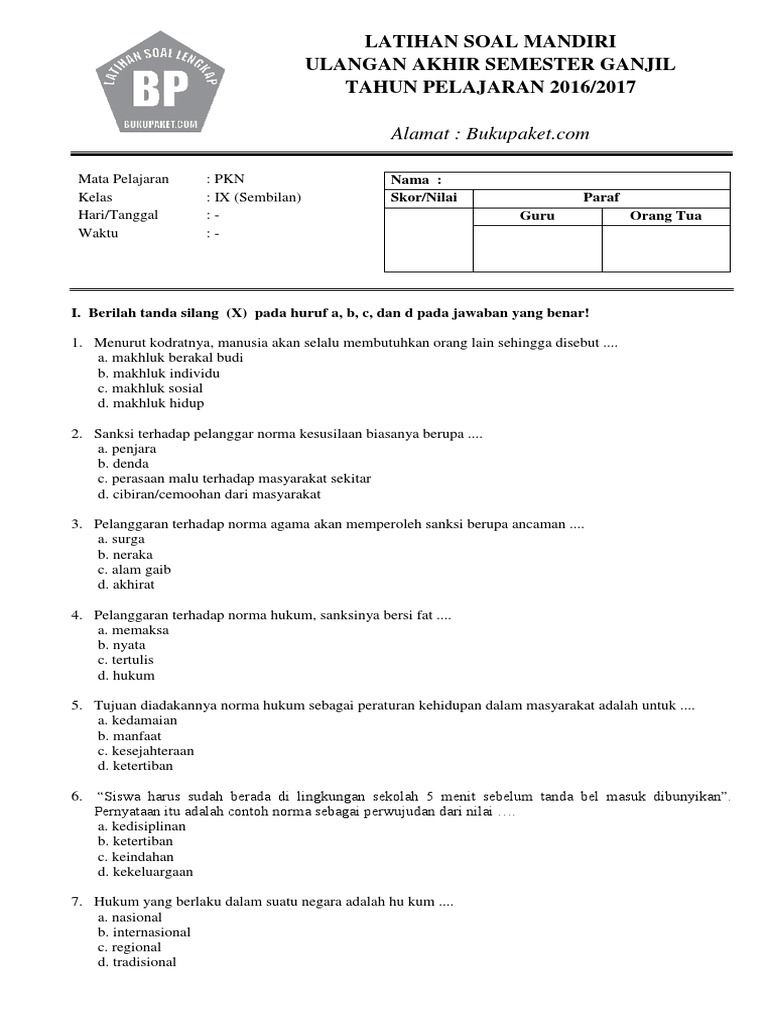Latihan Soal UAS PKn Kelas 9 Semester Ganjil