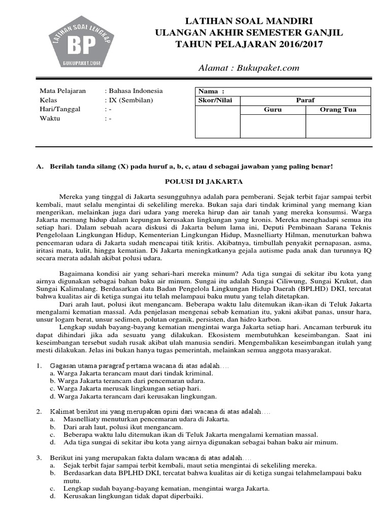 Latihan Soal UAS Bahasa Indonesia Kelas 9 Semester Ganjil