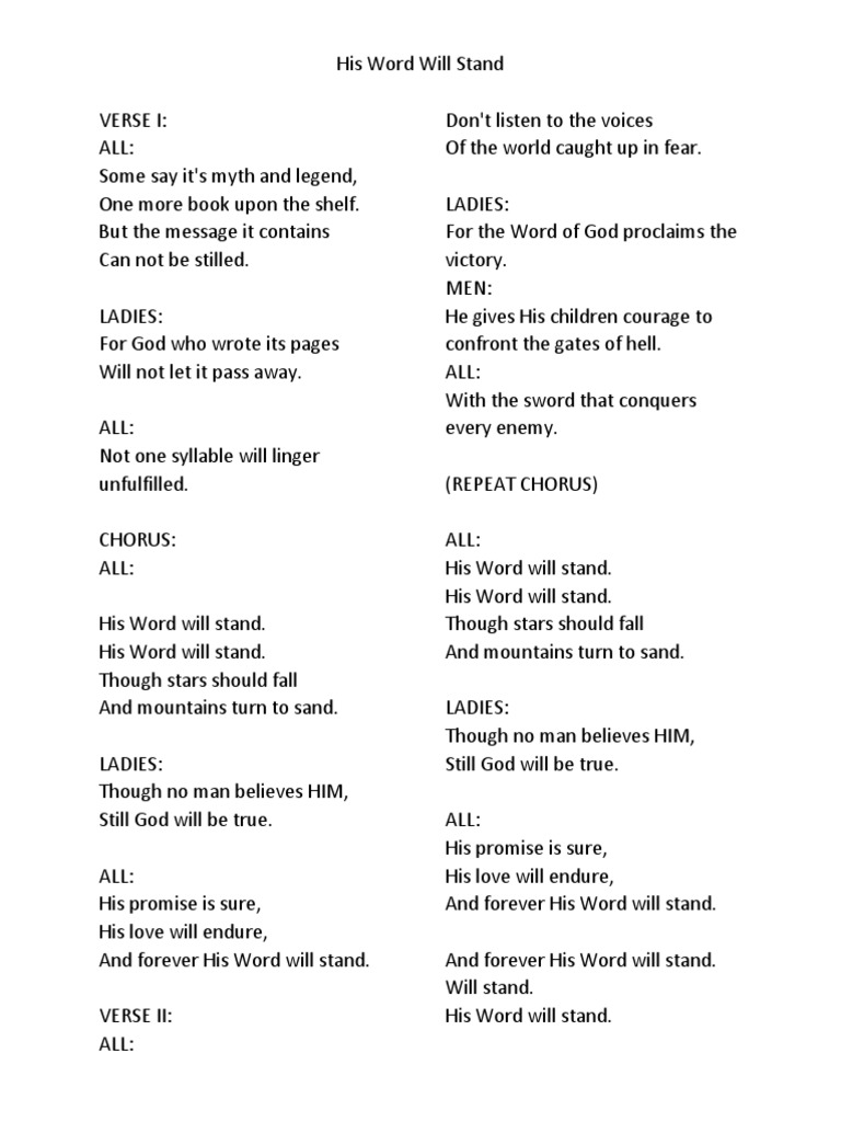His Word Will Stand Lyrics PDF Refrain Song Structure