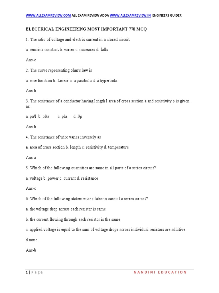 Electrical Engineering MCQ Review | PDF | Capacitor | Electrical ...
