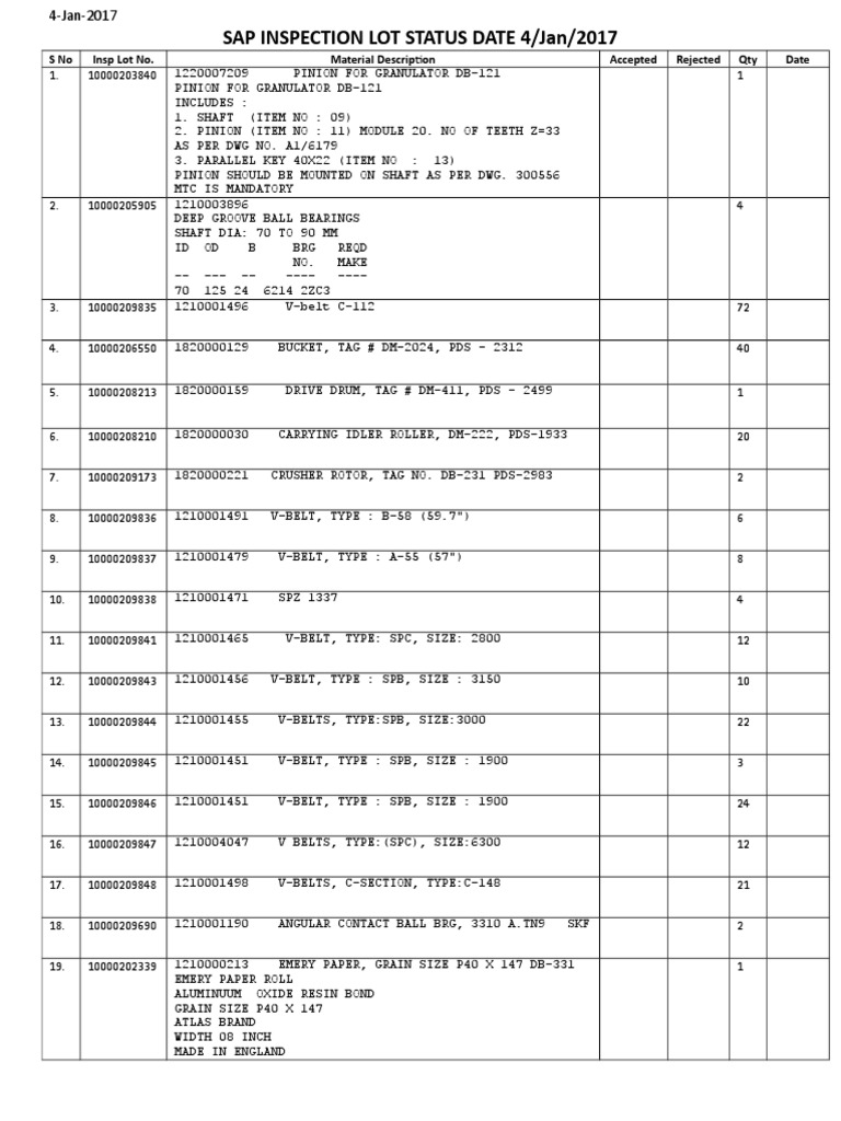 Sap Inspection Lot Status 4 Jan 2017 PDF Belt (Mechanical